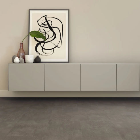 Minimalist Living Room with Amtico Click Smart Metropolis Smoke Flooring – A modern, neutral-toned living room featuring Amtico Click Smart Metropolis Smoke stone-effect flooring for a refined and urban aesthetic.