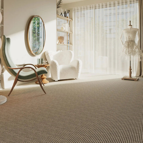 ITC Delta carpet in beige, complementing a minimal classic living room with vintage sophistication and timeless elegance.