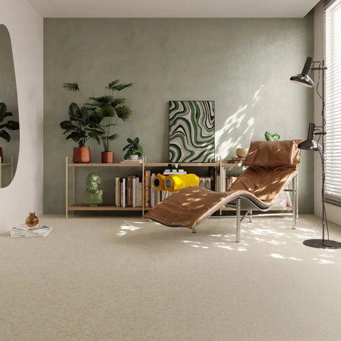 ITC Eco-Velvet carpet in beige, adding a touch of luxury to a modern minimalist room with sophisticated, understated elegance.