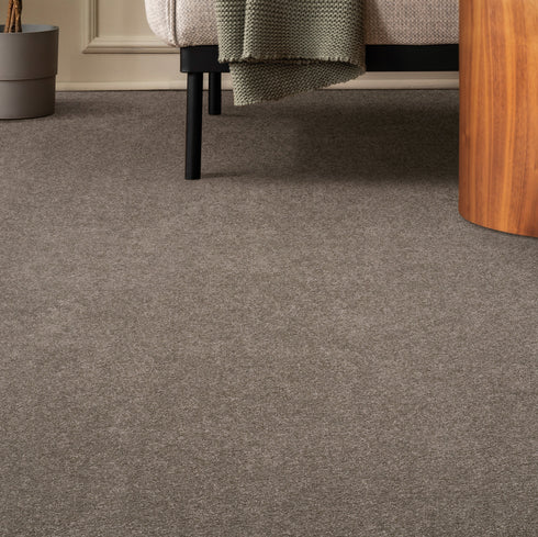 Balta Addiction carpet in dark beige, featured in a modern living space with soft lighting, neutral décor, and a cozy, elegant atmosphere.