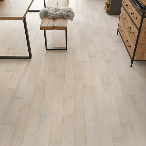 Contemporary dining space featuring Camden Engineered Oak flooring by LuxeFloors Co. – premium engineered wood with a smooth, whitewashed finish for a clean aesthetic.