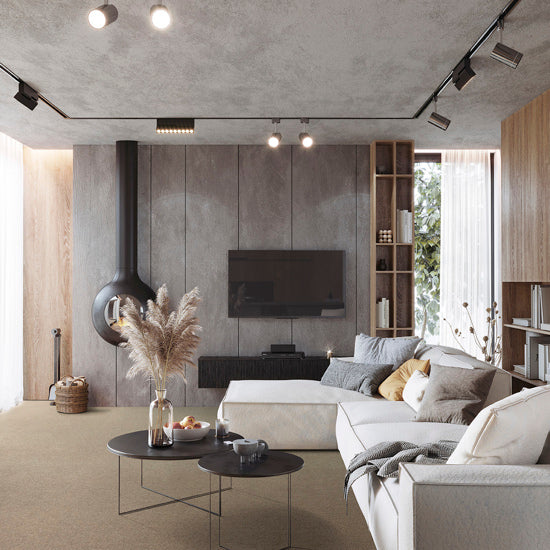 Lano Celeste carpet in Tobacco, a neutral brown-beige shade, adding warmth and sophistication to a stylish living room.