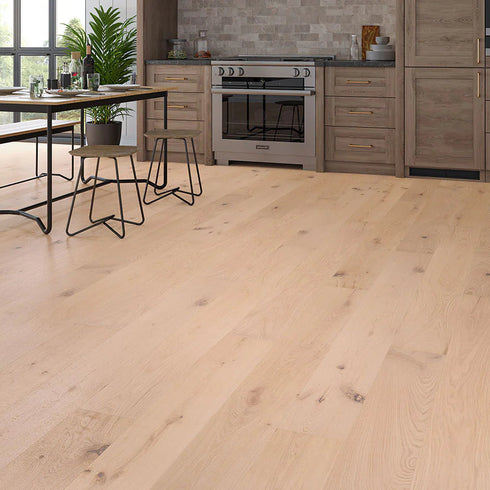 Stylish kitchen featuring Clapham Engineered Oak flooring by LuxeFloors Co. – light oak engineered wood with a smooth finish and warm, contemporary appeal.