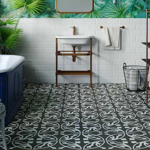 A modern wet room with Invictus LVT Victorian Treasure Charcoal flooring, balancing classic Victorian aesthetics with high-performance waterproof properties for luxury and durability.