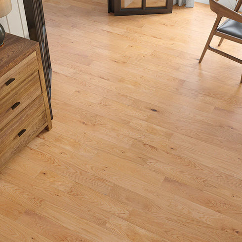 Stylish bedroom featuring Dalston Engineered Oak flooring by LuxeFloors Co. – warm natural oak tones and durable engineered wood construction.