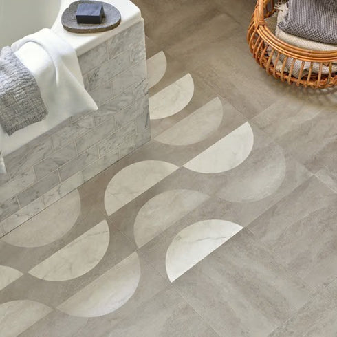 Amtico Signature in tile, with unique designs. Highly customisable LVT, set in a modern bathroom.