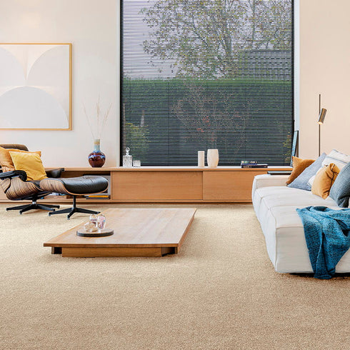Sedna® Kai carpet in a light beige, grounding the aesthetic of a contemporary living room.