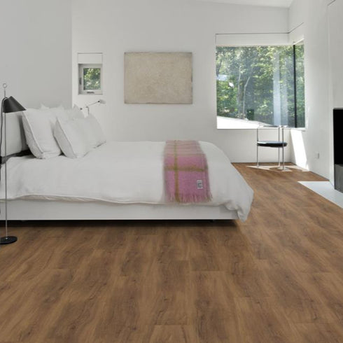 Kährs Redwood luxury vinyl flooring displaying a reddish-brown hue with intricate wood grain patterns, offering a bold and rustic charm.