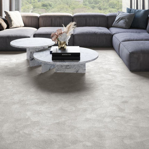 Warm beige-grey iSENSE® Obsession carpet in a living room, blending neutral tones for a soft, modern, and inviting atmosphere.