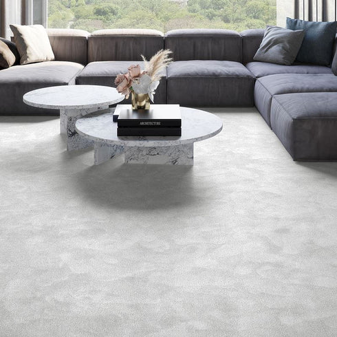 Soft white-grey iSENSE® Obsession carpet in a living room, featuring subtle silver undertones for a bright and elegant space.