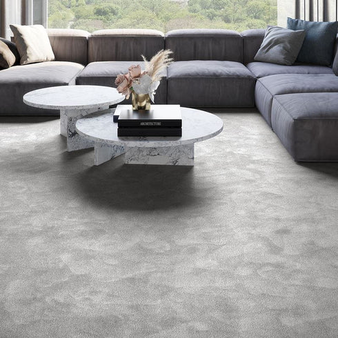 Mid-tone grey iSENSE® Obsession carpet in a living room, offering a balanced mix of depth and softness for a contemporary feel.