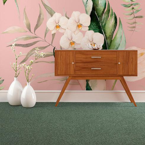 Lano Patina SmartStrand® Carpet in Moss Green - Interior Setting – A stylish living space featuring Lano’s Patina carpet in moss green, blending seamlessly with botanical-inspired décor.