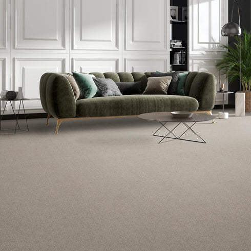 Lano Sofia carpet in beige, enhancing a stylish living room with warmth and luxurious softness.