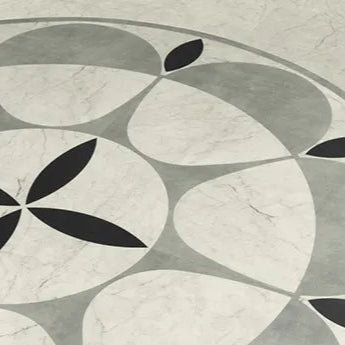 Amtico Signature Octavia Motif – A striking geometric circular design featuring a blend of marble-effect and dark contrasting LVT tiles, creating a sophisticated statement for luxury interiors.