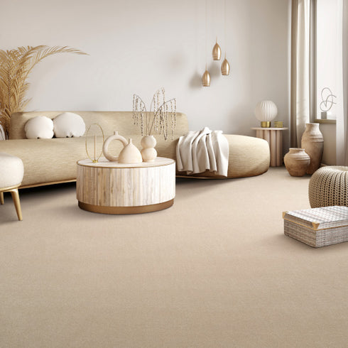 Balta Eclipse carpet in beige, complementing a stylish room with neutral-tone furniture, creating a warm and inviting atmosphere with its soft, luxurious texture.